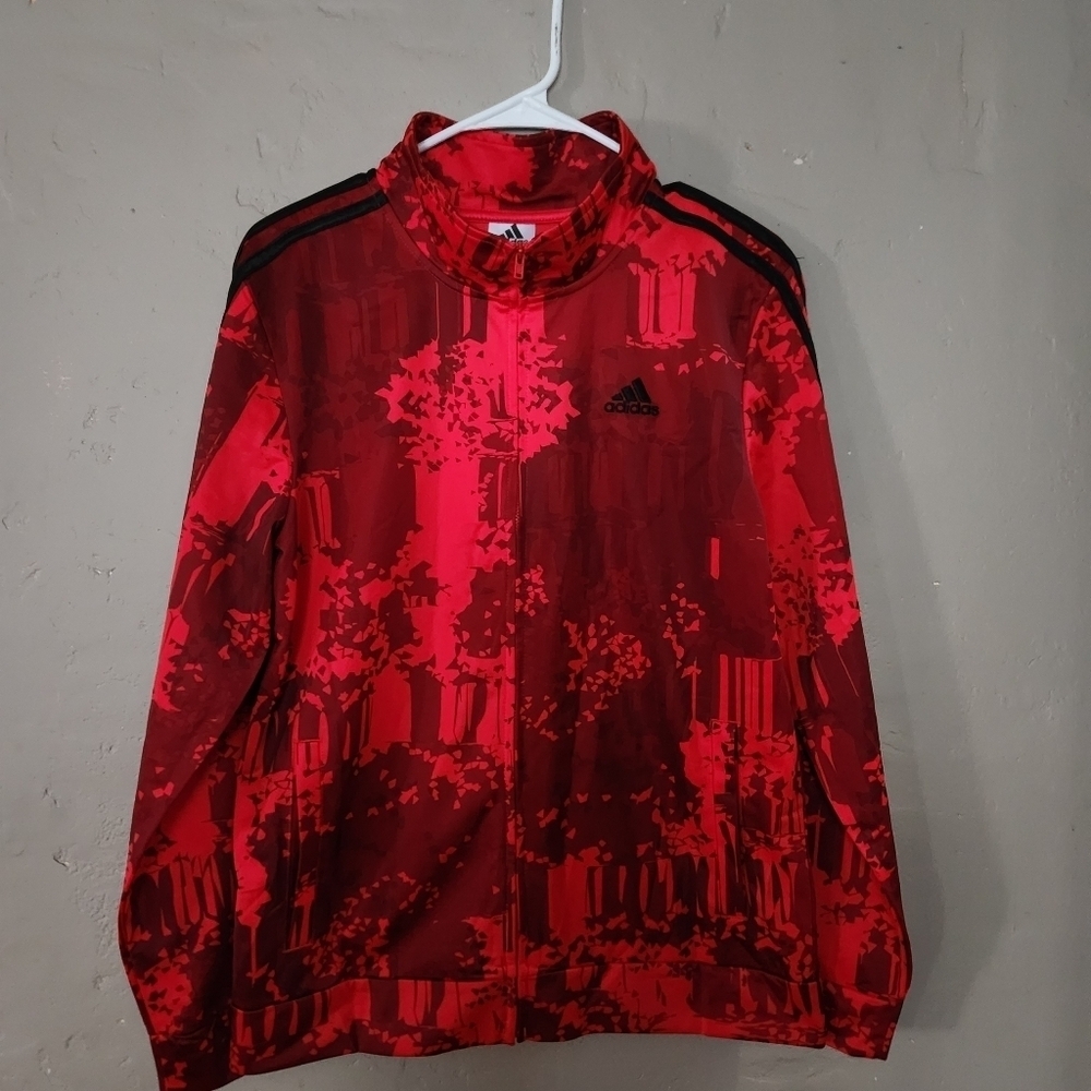 NWOT Boys Adidas Red Full Zip Jacket Sz XL Print Black 3 Stripe Sleeves